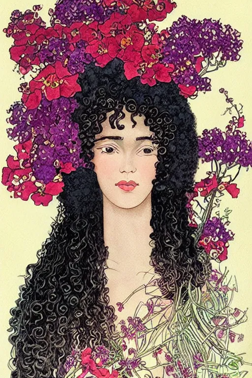 Prompt: realistic face of beautiful black woman with curly hair with red and purple flowers growing around, flower frame, detailed art by kay nielsen and walter crane, illustration style, watercolor