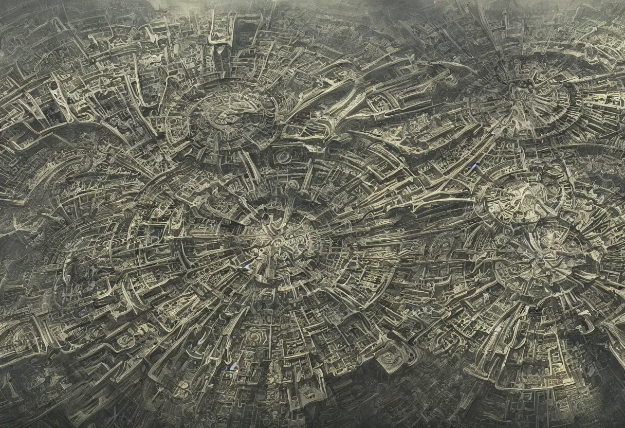 Image similar to top down image of a radial city made of complex fractal architecture, by daniel - by greg rutkowski and raymond swanland hr giger and zdzislaw beksinski and alphonse mucha and moebius, matte painting, hyperdetailed, symmetry, art nouveau, beautiful render, concept art