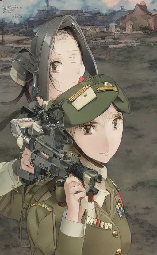 Image similar to portrait of a female soldier, highly detailed, high resolution, military camp in the background, a colored page of a manga, illustration, stunning, from the manga marginal operation, bokeh soft, matte, 100mm, by professional photographer, hayao miyazaki, shimada fumikane, shizuma yoshinori, umihara sakana, bob, realistic human anatomy, realistic military carrier, modern warfare, realistic weapon, shot with a arriflex 35 ii, low saturation, small eyes