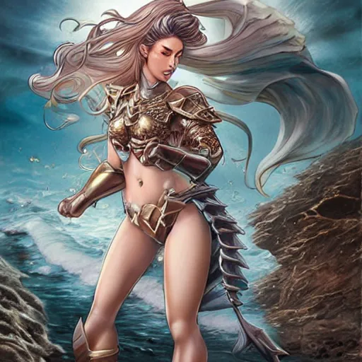 Prompt: fantasy woman wearing an armor covered with seashells emerging from the sea, by Artgerm and Yoshii Chie, long shot