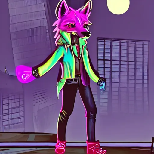 Image similar to beautiful commission digital art portrait commission of an androgynous furry anthro wolf wearing punk clothes in the streets of a cyberpunk city. neon signs. made by zaush, rick griffin, tessgarman, angiewolf, miles df, smileeeeeee, ethrk, fa, furraffinity