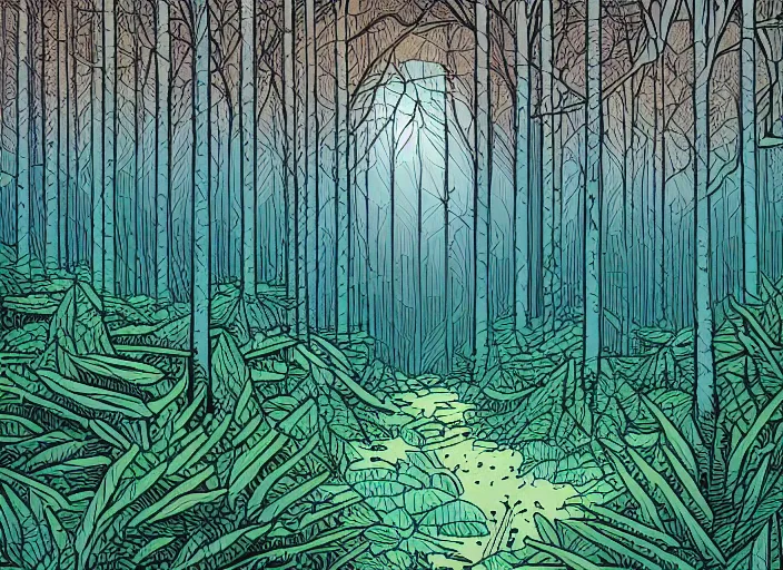 Prompt: an illustration of a forest by dan mumford, flat colors, beautiful, aesthetic