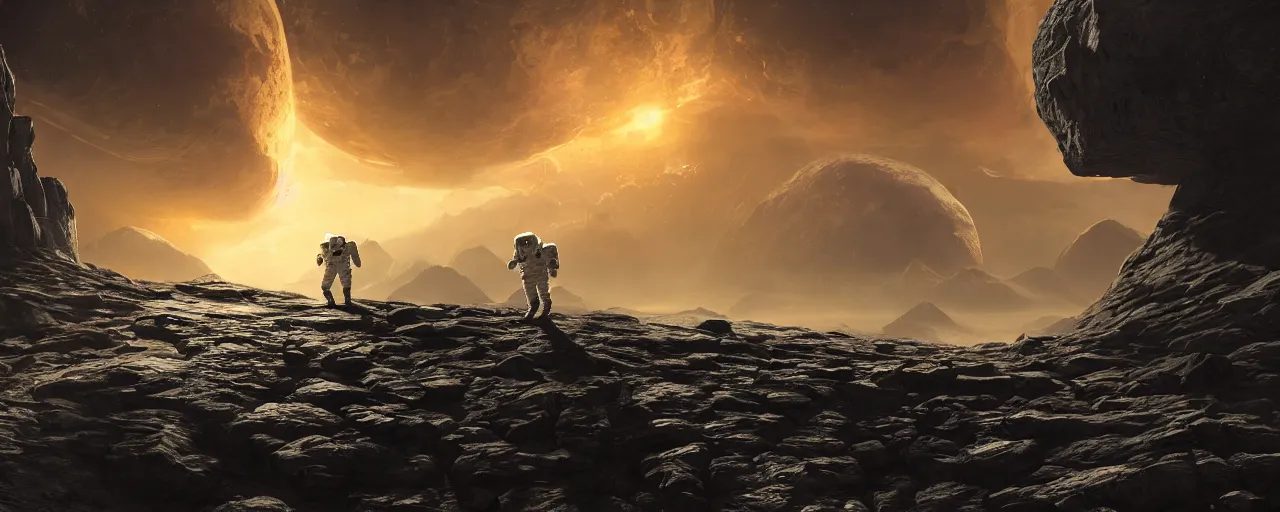 Image similar to one astronaut on the moon, beautiful dynamic lighting, cinematic, wide angle establishing shot, extremely high detail, photo realistic, cinematic lighting, post processed, concept art, artstation, matte painting, style by frederic church, raphael lacoste, unreal engine 8 k