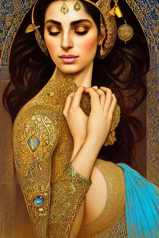 Image similar to Beautiful portrait of a Persian Princess who is an architect, beautiful princess, face painting, architecture, persian style architecture, dramatic lighting, intricate, wild, highly detailed, digital painting, artstation, concept art, smooth, sharp focus, illustration, gold+yellow+white+Turquoise, art by artgerm and greg rutkowski and alphonse mucha, footage from space camera