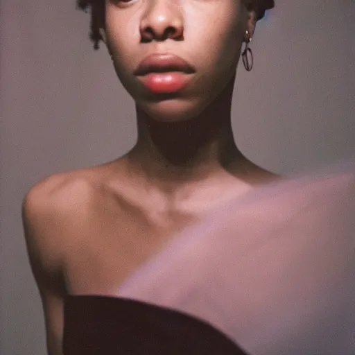 Image similar to realistic photoshooting for a new balenciaga lookbook, color film photography, portrait of a beautiful woman, in style of Tyler Mitchell, 35mm,