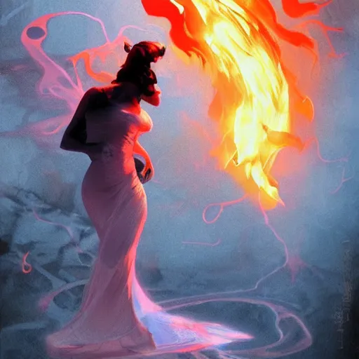 Image similar to a gargoyle in silhouette wearing a flowing gown made of fire, engulfed in a whirling fire tornado firestorm, emitting smoke and sparks, fantasy, cinematic, fine details by realistic shaded lighting poster by ilya kuvshinov katsuhiro otomo, magali villeneuve, artgerm, jeremy lipkin and michael garmash and rob rey