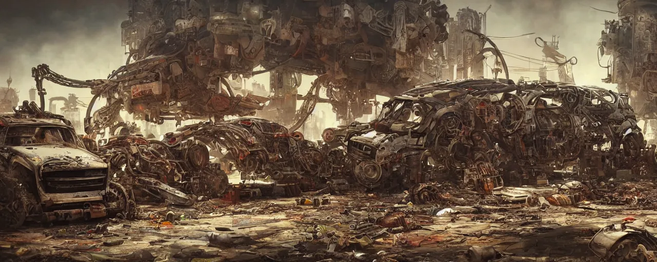 Prompt: an intricate concept art of a mechanical coming out to life in a junkyard, post - apocalyptic, hyper maximalist, matte painting, ultra detail, concept art, hyper realistic, cgsociety, hyper maximalist, artstation, deviantart, style by feng zhu and dylan cole, octane render, anime style