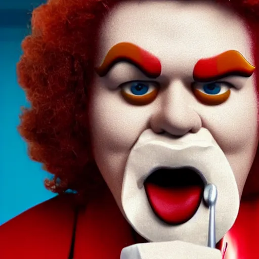 Image similar to A still of Ronald McDonald eating at KFC, 4k, photograph, ultra realistic, highly detailed, studio lighting