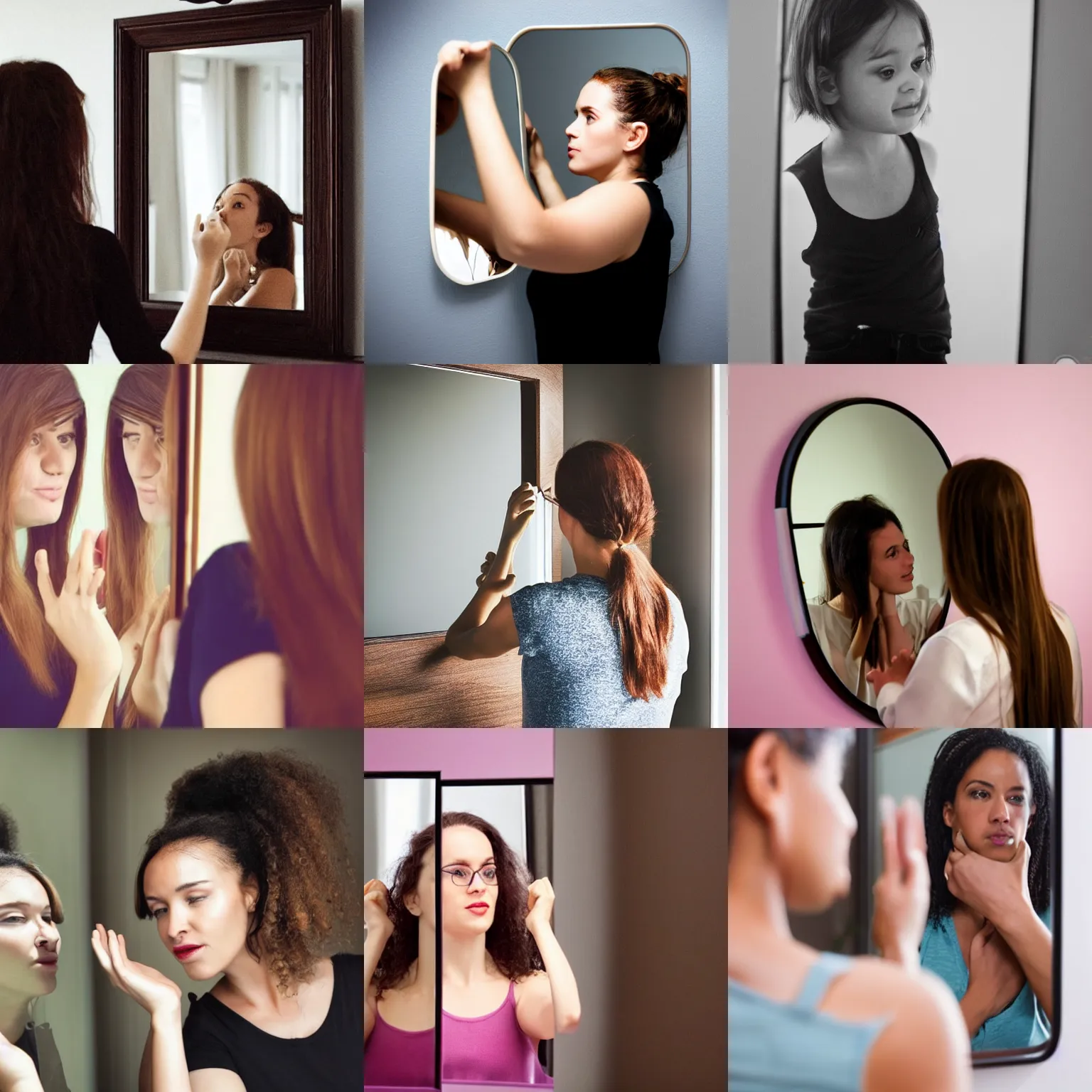 Prompt: she recognizes her reflection in the mirror, she knows it is good