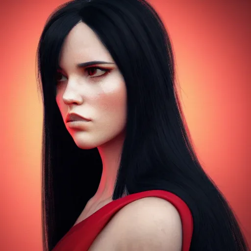 Prompt: portrait of a woman with long black hair and red eyes, wearing a red dress, 4k, close up shot, detailed face, beautiful, octane render, dark lighting, artstation, high quality, depth of field, ambient occlusion, dark colors,