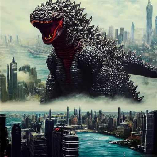 Image similar to a hyper-realistic studio oil-painting of a giant Godzilla destroying new-york; hyper-detailed; an extraordinary masterpiece!!!; flawless; trending on artstation