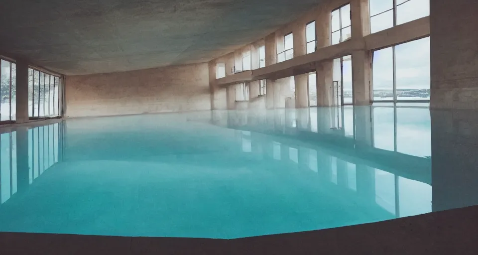 Prompt: Inside a Empty Pool that's inside a Dark Room with Sunlight coming Through a Window