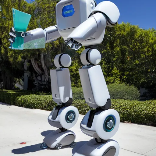 Prompt: LOS ANGELES CA, JUNE 7 2028: One of the most incredible helpful robots that emerged from the future-technology-portal.