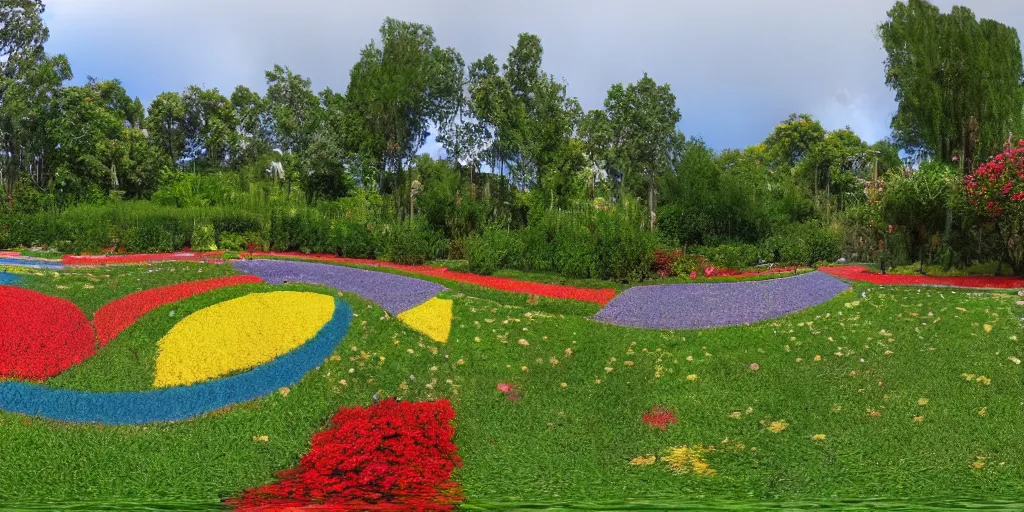 Image similar to equirectangular view of a rainbow garden