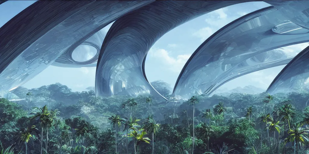 Image similar to a twirly futuristic architecture made of chrome right in the middle of a huge crater in a tropical forest, ralph maquarrie and syd mead cinematic matte painting, 4 k