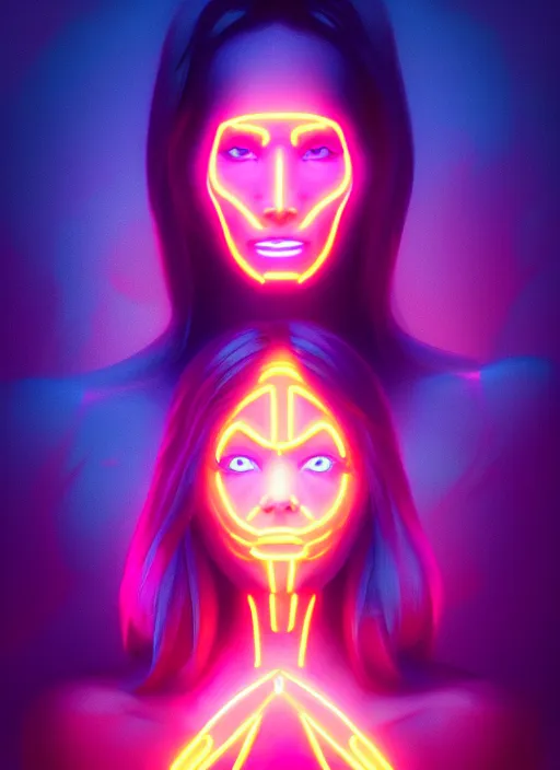 Image similar to beautiful neon woman, by greg rutkowski, symmetry, concept art by artgerm, distance render portrait of a hyper realistic, pixar, intense, epic, powerfull, alphonse mucha, octane render, highly detailed, high quality, 8 k, soft lighting, path traced, and uang guangjian and gil elvgren, symmetry!!