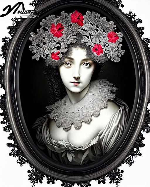 Prompt: masterpiece monochrome profile portrait painting, dutch masters, silver lace floral steampunk biomechanical beautiful one techno eye young female cyborg, big monocular, volumetric light, leaves foliage and stems, hibiscus flowers, gustave dore, rim light, big gothic fashion pearl embroidered collar, 8 k