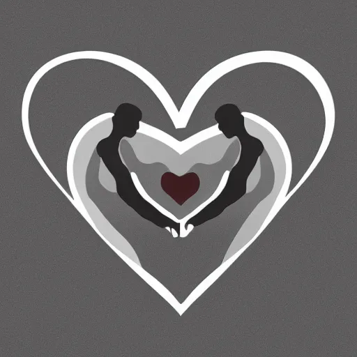 Image similar to clean black and white print, logo of a symmetric heart with a stylized symmetric gymnast human body form inside