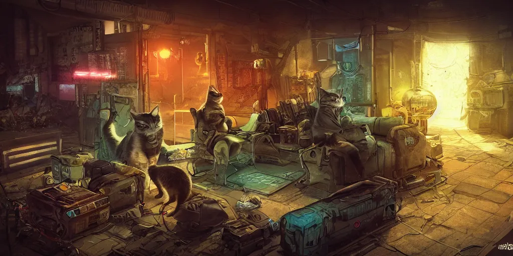 Prompt: cyberpunk cat and normal cat, brothers, fallout 5, studio lighting, deep colors, apocalyptic setting