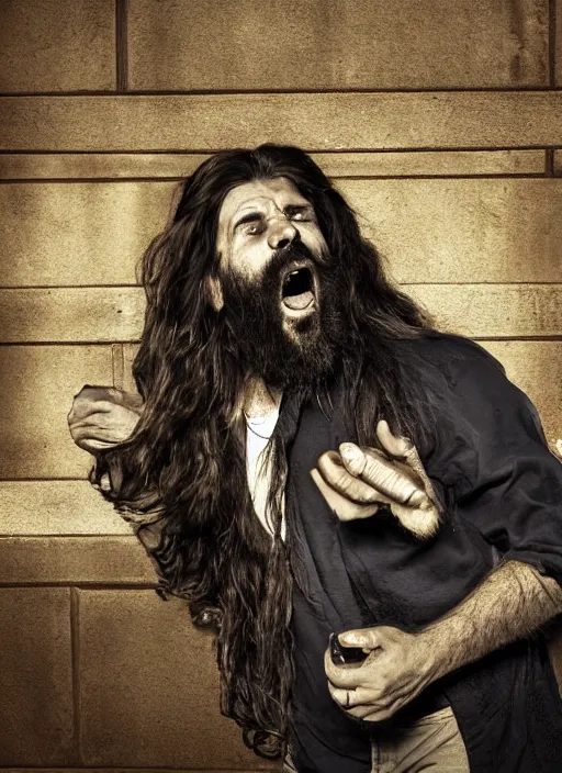 Image similar to cinematography long haired bearded man screaming to the gate interphone by emmanuel lubezky