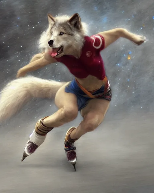 Image similar to an athletic white female anthro wolf skating at a roller derby, 4 k, furaffinity, fursona, trending on artstation, energetic, speed, motion blur, by gaston bussiere, craig mullins, sakimichan, gustav klimt, artgerm, greg rutkowski, alphonse mucha