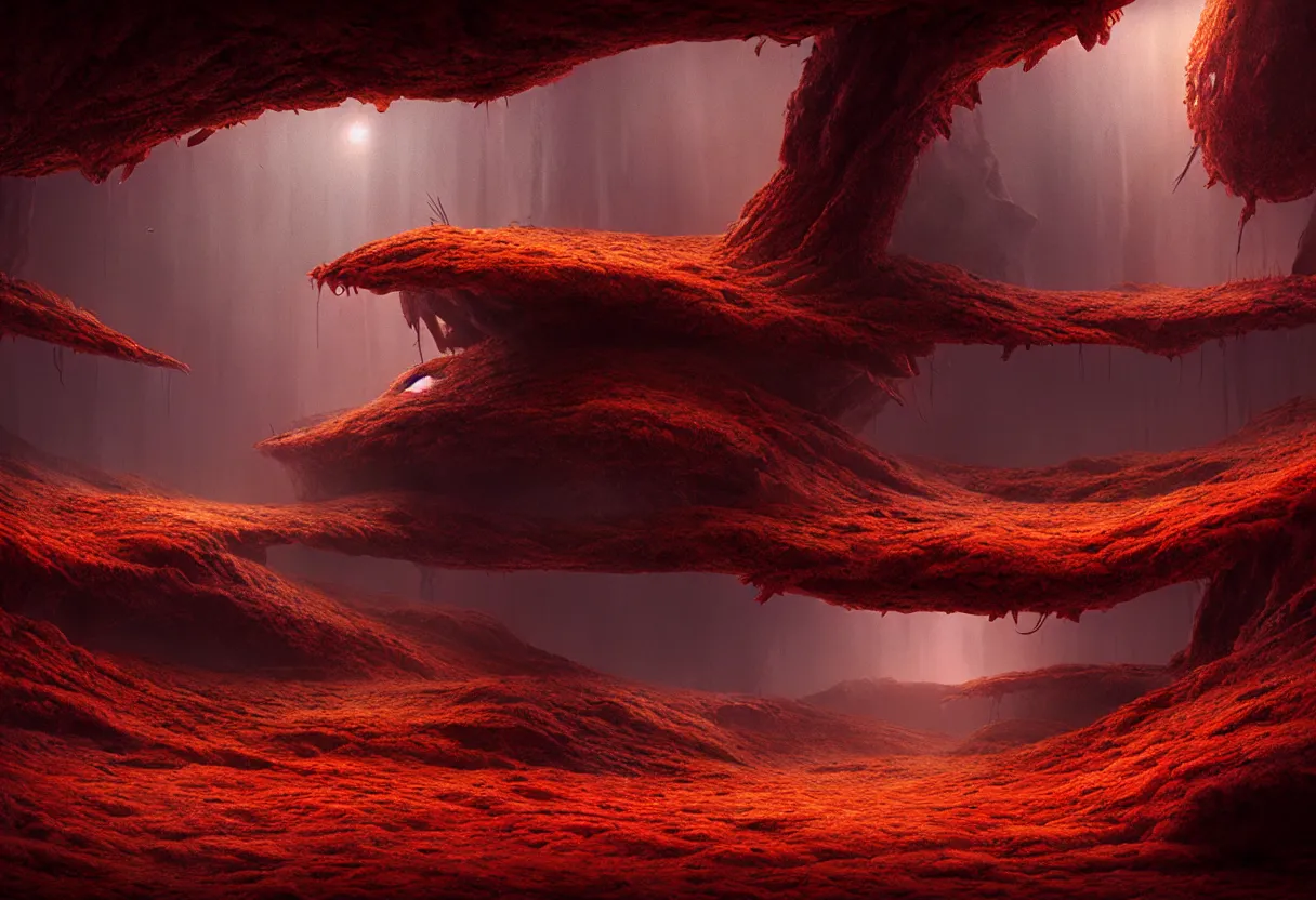 Image similar to inside of alien autumn colored landscape of human mind and imagination, matte painting, beautiful render, octane render, concept art