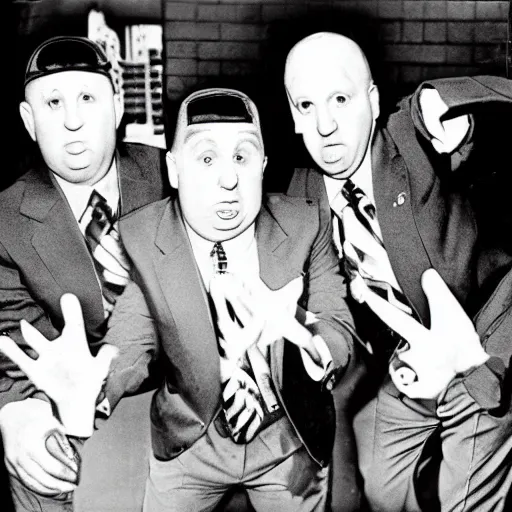 Prompt: an album cover for the three stooges as a hip hop group in 1980