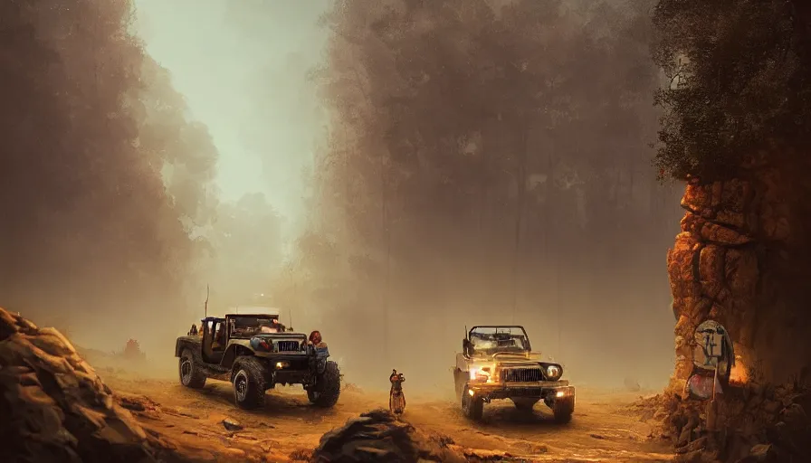 Image similar to Mahindra thar, tribe members watching nearby, an epic fantasy, dramatic lighting, cinematic, establishing shot, extremely high detail, photorealistic, cinematic lighting, artstation, by simon stalenhag, horizon forbidden west