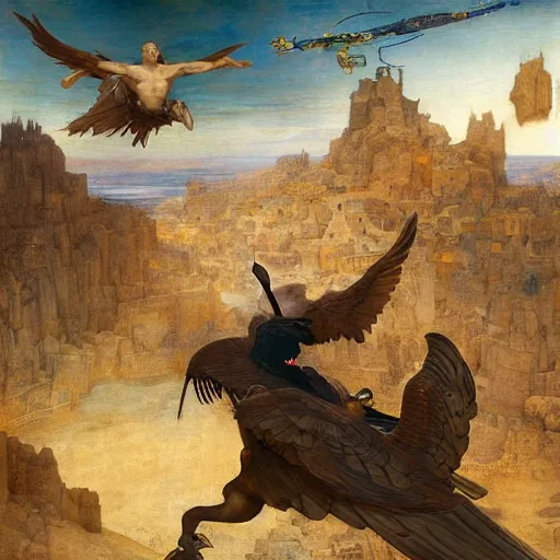 Image similar to masterpiece desert eagle soaring over bazaar of unholy goods, by Edgar Maxence and Ross Tran and Michael Whelan and Da Vinci and Caravaggio and J.M.W Turner and Brueghel intricate line drawings, unknwon intercession, detailed and beautiful intricate faces, 4k resolution
