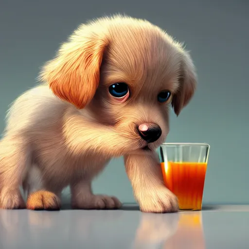 Image similar to cute puppy drinking juice, masterpiece, 8k, fantasy, cinematic lighting, highly detailed, digital painting, artstation, smooth, sharp focus, illustration, by Pixar