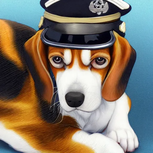 Image similar to An anime portrait of a beagle puppy in a captain's uniform sleeping, by Stanley Artgerm Lau, WLOP, Rossdraws, James Jean, Andrei Riabovitchev, Marc Simonetti, and Sakimichan, tranding on artstation