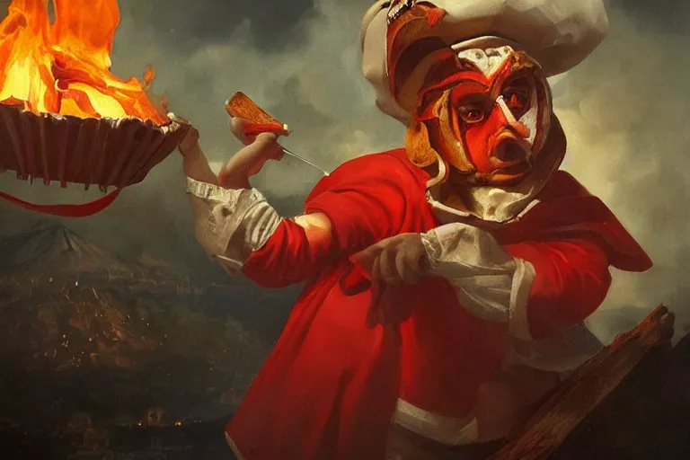 Prompt: a highly detailed oil painting of pulcinella!!! from naples with a pizza!! and lots of fire, a volcano and dark smoke, an ultrafine detailed painting by achille superbi, dramatic lighting, trending on deviantart, sharp focus, octane, masterpiece