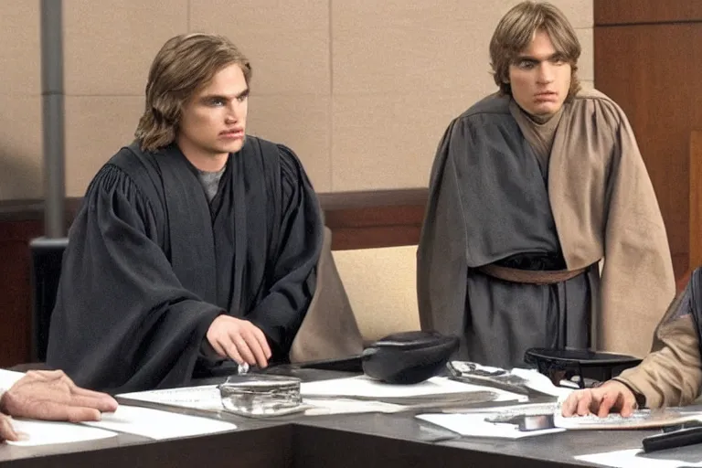 Prompt: anakin skywalker talking to saul goodman in court, us court, 1 0 8 0 p, court session images, realistic faces, better call saul