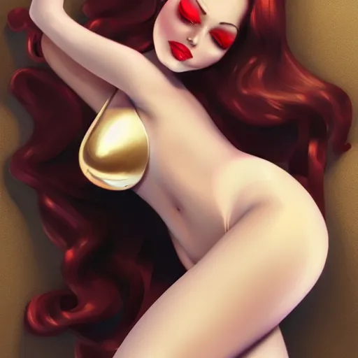 Prompt: jessica rabbit in a bikini, digital art, pretty face, very beautiful face, very detailed eyes, 8 k resolution, by wlop, greg rutkowski, full body