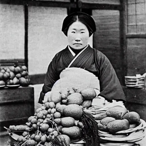 Prompt: Portrait of a 19th century Japanese vegetable trader at a Kyoto street market, 1900s photography