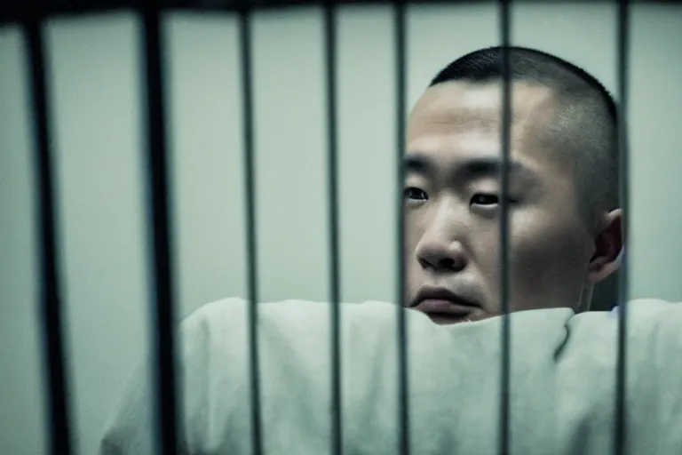 Prompt: an 8 5 mm portrait of a justin sun as night king in prison looking through the bars of his cell, by annie leibovitz, shallow depth of field, cinematic lighting