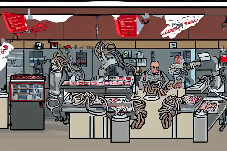 Image similar to A robotic butcher shop, where retirees come to buy fresh meat and sausages on weight. A cyborg with a lot of wires and a set of knives on the tabletop serves it. It's noticeable that several wires are sparking (it's malfunctioning). Under the counter lie the dismembered corpses of the people (shopkeepers and other customers) whose meat he is selling.