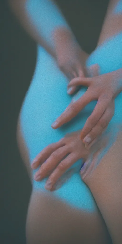 Image similar to a blurry closeup picture of skin gripped tightly, human bodies, hands, macro photography, long exposure photograph, surrealism, anamorphic bokeh, orange and cyan lighting, cinematic