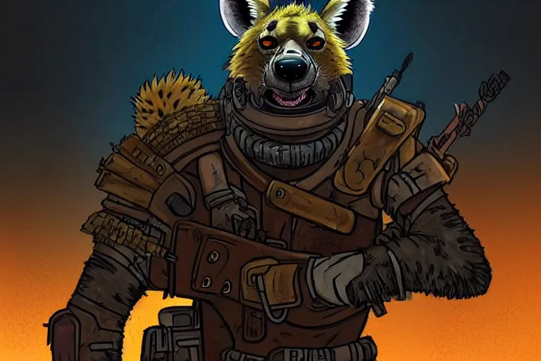 Image similar to a good ol'hyena fursona ( from the furry fandom ), heavily armed and armored facing down armageddon in a dark and gritty version from the makers of mad max : fury road. witness me.