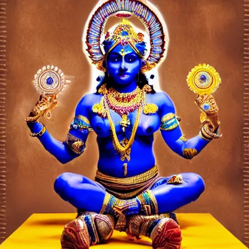 Image similar to blue - skinned indian goddess with six arms, symmetric, aesthetic!!!, cosplay, studio lighting, beautiful symmetric face, clean composition, highly symmetric body parts, gazing eyes