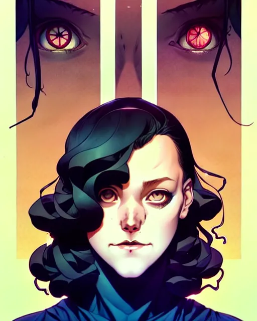 Image similar to artgerm, joshua middleton comic cover art, pretty full body serial killer maika monroe creepy smiling, full body, symmetrical eyes, symmetrical face, long curly brown hair, standing in front of an abandoned house background