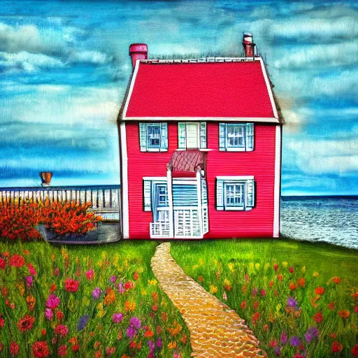 Image similar to house by the seaside, art, digital, painting, bloom, 8 k, hyperrealistic, photo