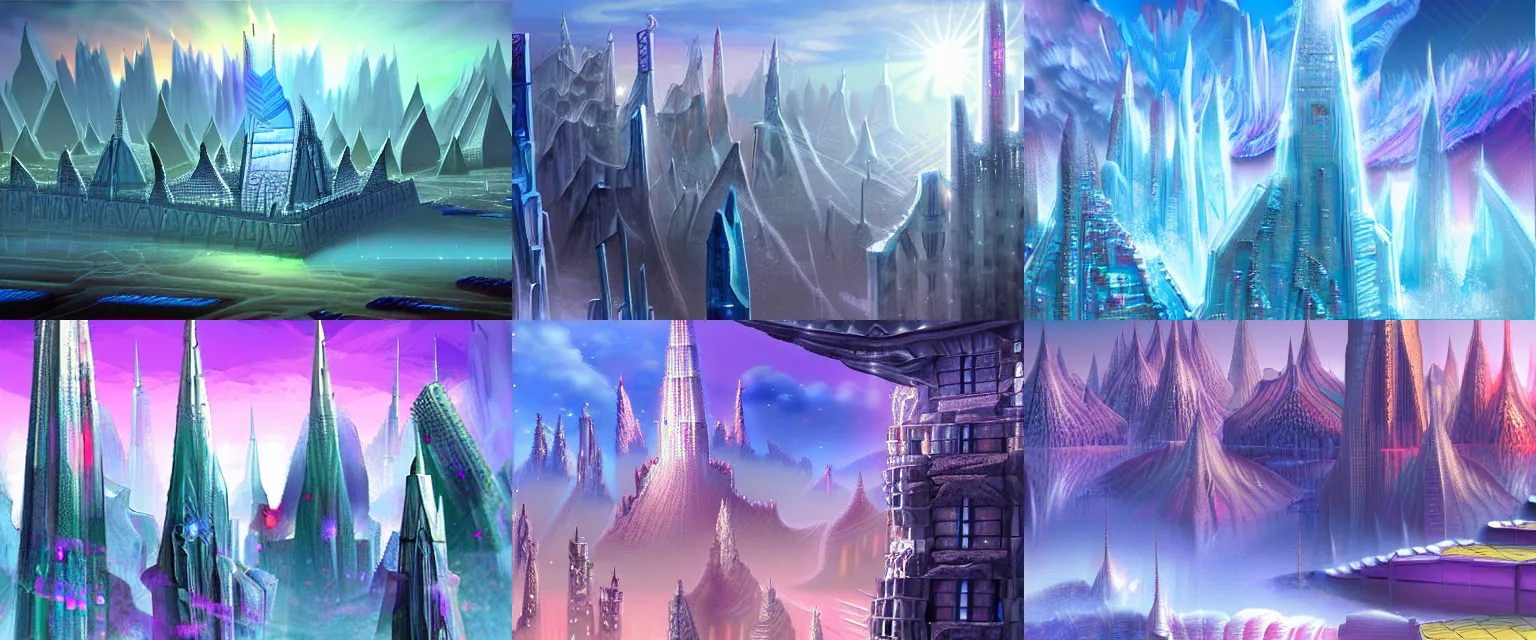 Prompt: crystalline city of crystal spires, award-winning digital 2D fantasy painting