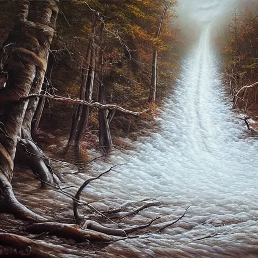 Image similar to artist joel rea a detailed hyper realistic painting of a flood running through the natural wilderness,