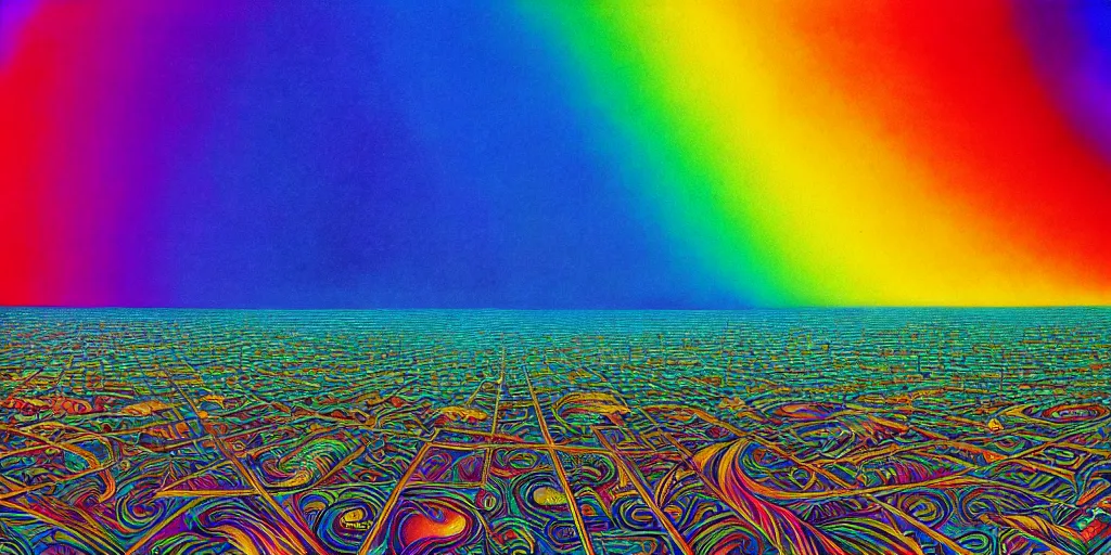 Prompt: cinematic view of a rainbow dmt sunny beach filled with intricate and perfect patterns, palm trees, desaturated, psychedelic, dmt art, tim hildebrandt, alex grey, android jones, oil on canvas, masterpiece, trending on artstation, featured on pixiv, cinematic composition, sharp, details, hyper - detailed, hd, hdr, 4 k, 8 k