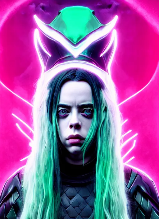 Image similar to Billie Eilish as female loki by, hyper detail, hyper realistic, octane render, noir, gorgeous symmetrical face, elegant,