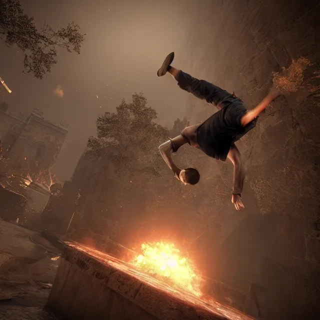 Prompt: tony hawk doing a backflip over a boss in dark souls, dark cinematic, volumetric, realistic, cinematic lighting, ray tracing, unreal engine 5, unreal engine render, octane render, hyper realistic, photo, 8 k