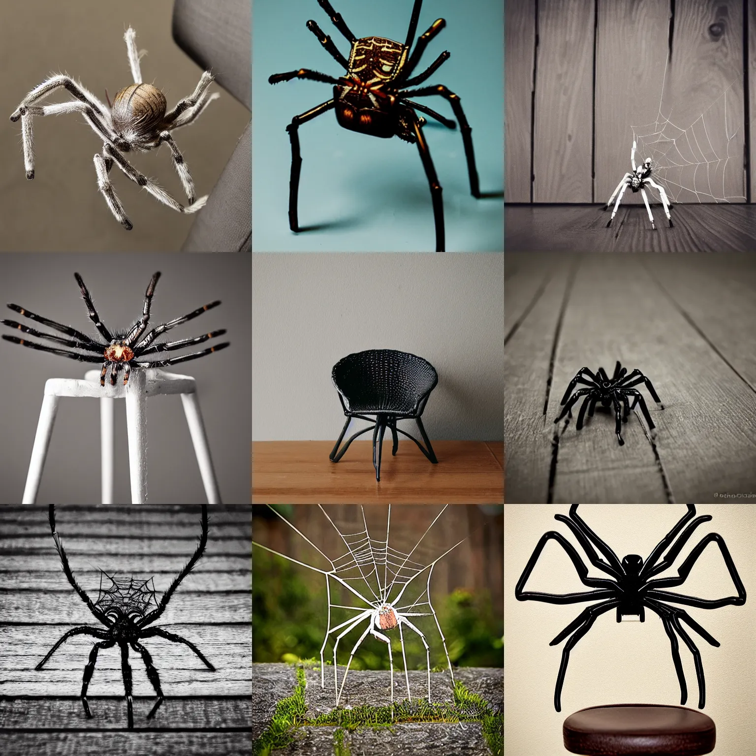 Prompt: spider on miniature chair