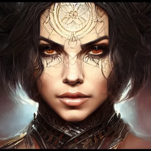 Image similar to a portrait of jenna dewan as a sorceress, upper half portrait, urban motifs, intricate, elegant, highly detailed, digital painting, trending on artstation, concept art, smooth sharp focus, illustration, art by artgerm and greg rutkowski