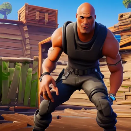 Image similar to screenshot from fortnite dwanye the rock johnson as a fortnite character